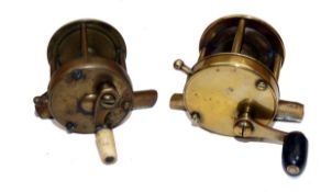 REELS: (2) Haywood Maker early brass multiplying winch, 1.5" diameter, 1.75" wide with rim stop