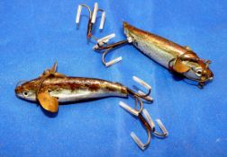 LURES: (2) Pair of early Gutta Percha hard rubber baits, 3" long bodies, both lacking tails,