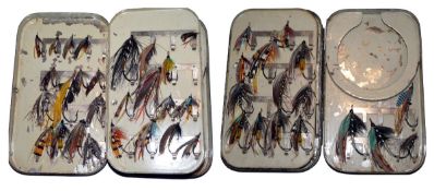 FLIES & BOX: A collection of approx. 40 gut eye Victorian salmon flies, sizes 1"-2" long varied