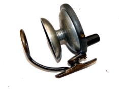 REEL: Malloch 4" alloy salmon side cast reel, black handle, on/off check, reversible drum, slide