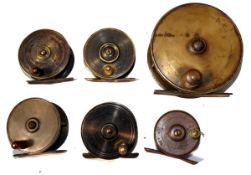 REELS: (6) Collection of 6 brass English plate wind fly reels, all with check clicks, ranging in