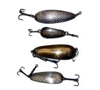 LURES: (4) Four early metal spoon baits, Eaton & Deller, Crooked Lane 1.75" silver scale spoon,