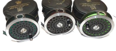 REELS: (3) Collection of 3 Hardy Sunbeam 8/9 alloy trout fly reels, agate line guides, backplate