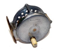 REEL: Hardy Bougle 3" alloy trout fly reel, 1906 check, ivory handle, face plate stamped "Bougle