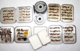 FLY BOXES 6 & REEL: Collection of 6 Wheatley alloy pocket fly boxes inc. two cast damper boxes