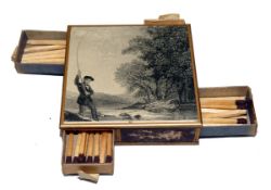 MATCH BOX: Early match box with a Scottish angling scene print to top and fish images to sides,