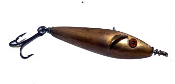 LURE: Scarce Cartman glass eyed metal bait, 3" body, gilded brass, gold painted lead on central