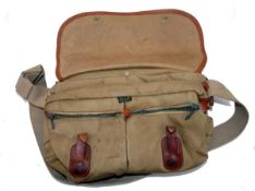 BRADY BAG: Brady of Halesowen traditional angler`s fishing bag 14" x 9", leather straps, brass