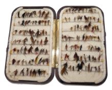 ACCESSORY: Hardy Neroda ox blood trout fly box, 6.25"x4", chenille bar interior, holding a good