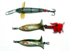 LURES: (3) Three Allcock`s Spangaloid lure baits, 2 x Clipper baits, each 1.75" long, one with red