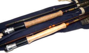 RODS: (2) Hardy Graphite 9` 2pce trout fly rod, line 9/10, grey blank, guides whipped black tipped