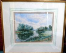 WATER COLOUR: Original watercolour The Ouse Nr Bedford, M. L. Paper, c1880 signed and inscribed as