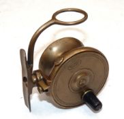 REEL: Malloch 2 5/8" all brass trout side casting reel, on/off check, slide lock button to