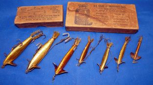 LURES & BOXES: (9) Collection of 7 x Hardy Golden Sprat baits, sizes 2"-4", all with fibre tails,