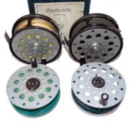 REELS & SPOOLS: (4) Matching pair of Farlow of London Python 4" W wide drum alloy salmon fly