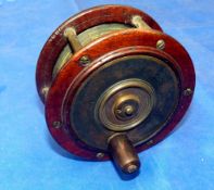 REEL: Early Scottish wood/brass Perth style salmon fly reel, 4.25" diameter, revolving brass winding