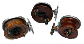 REELS: (3) Collection of 3 Nottingham pattern mahogany/alloy twisting foot tournament style reels, a