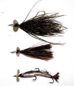 LURES: (3) Hardy Fly Minnow lure 2.5" long, flat metal woven body, fins stamped "Hardy Alnwick,