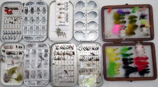 FLIES & BOXES: (5) Four Wheatley alloy fly boxes comprising 3 x dry fly and 1 x swing leaf clip