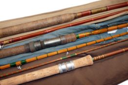 RODS: (3) Fine 8` 2 pce split cane stalking or spinning rod, red agate butt & tip guides, green