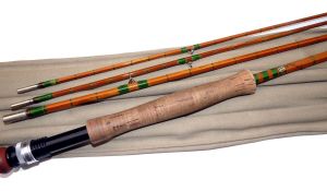 ROD: Army & Navy Stores London The Victoria 8`6" 3 piece + spare tip split cane trout fly rod, green