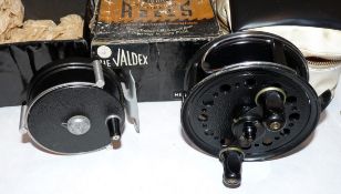 REELS: (2) Scarce JW Young Valdex 3" alloy trout fly reel with raised pillar line guide, black