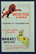 Scarce 1966 British Lions v Waikato rugby programme – played on the 3rd September with the Lions