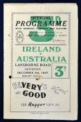 1947 Ireland v Australia rugby programme -played at Lansdowne Road on Saturday 6th December, usual