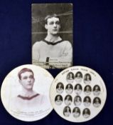 1905 Aston Villa ephemera: 2 cards football shaped produced by the Daily Chronicle and featuring the