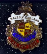 Rare 1905 Wales v England silver and enamel rugby medal- mounted with a Welsh dragon and