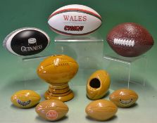 Collection of Rugby ball ceramic money boxes and whisky miniatures - to incl 4x money boxes a