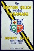 1950 British Lions v Taranaki rugby programme – played 8th July with the Lions winning 25-3 – some
