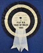 1985 Fiji Rugby Tour of Wales Official Souvenir Rosette – large black and white rosette with printed