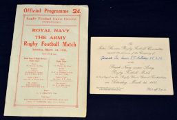 1930 Royal Navy v The Army Rugby Programme and Royal Box Ticket - played at at Twickenham single