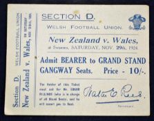 1924 Wales v New Zealand rugby ticket - played at the St Helens Ground Swansea on Saturday 29