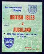 1971 British Lions v Auckland rugby programme – played on the 24th July with the Lions winning 19-12