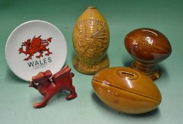 Collection of Wales and other rugby related ceramic items to incl “Swn Y Mor” welsh whisky rugby