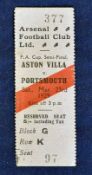 FA Cup Semi-Final Ticket 1929 Aston Villa v Portsmouth played at Highbury 23rd March, VG