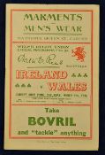 1946 Wales v Ireland rugby programme - played at Cardiff Arms Park on 9th March with the Wales