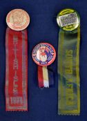 2x British Lions Rugby Ribbon Souvenir Badges c.1970 - both circular style in red, white and blue