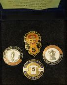 1990s Set of 4 Enamel Badges in presentation box to Billy Wright, captain of England & Wolves,