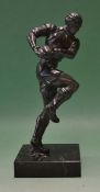 Fine Spelter figure of rugby player – large figure running with ball mounted on a square marble base