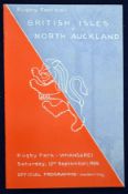 1959 British Lions v North Auckland rugby programme – played on the 12th September at Whangarei with