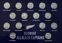 15x Rugby Great All Black Captains Coin Collection to include Shelford, Kirk, Dalton, Mourie,
