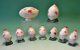 Collection of Welsh Whiskey Company ceramic rugby ball whiskey bottles and miniature’s – to incl