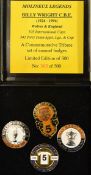 1990s Set of 4 Enamel Badges in Presentation Box paying tribute to Billy Wright captain of England