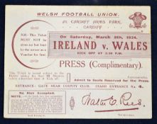 1924 Wales v Ireland rugby match ticket - played at Cardiff Arms Park on March 8 with Ireland coming