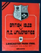 1977 British Lions v New Zealand Universities rugby programme – played on 14th June with the Lions