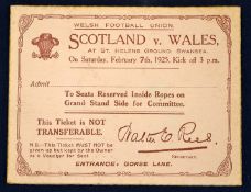 1925 Wales v Scotland rugby match ticket - played at St Helens Ground Swansea February 7 - beating