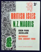 1966 British Lions v New Zealand Maori rugby programme - played on the 13th August with the Lions